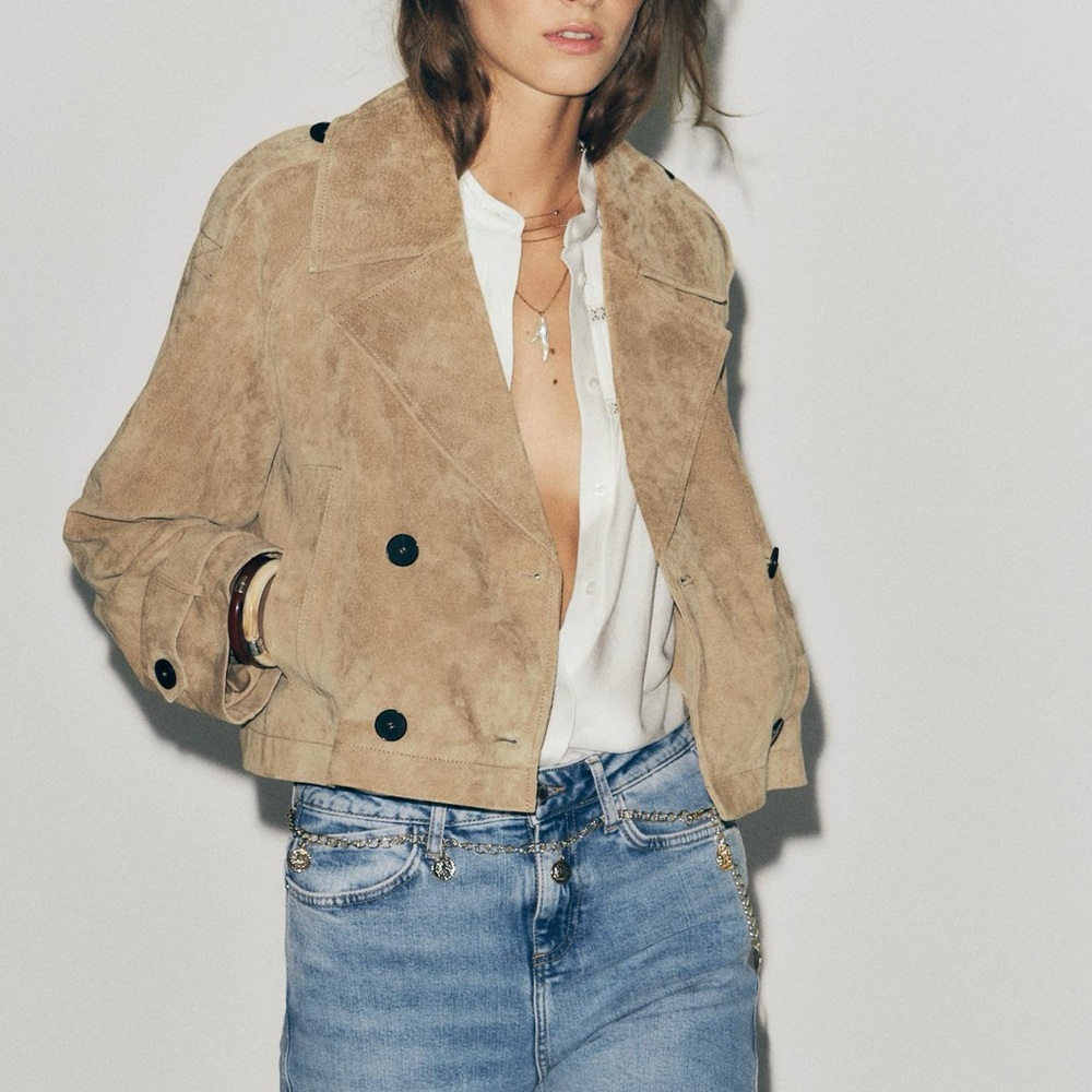 Zara Tan Suede Jacket 100% Leather Cropped Jacket